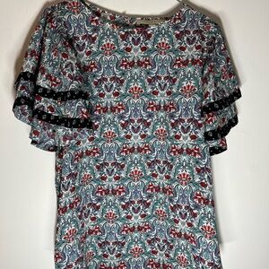 LOFT Multi-Color Floral Short Sleeve Blouse with Eyelet Trim